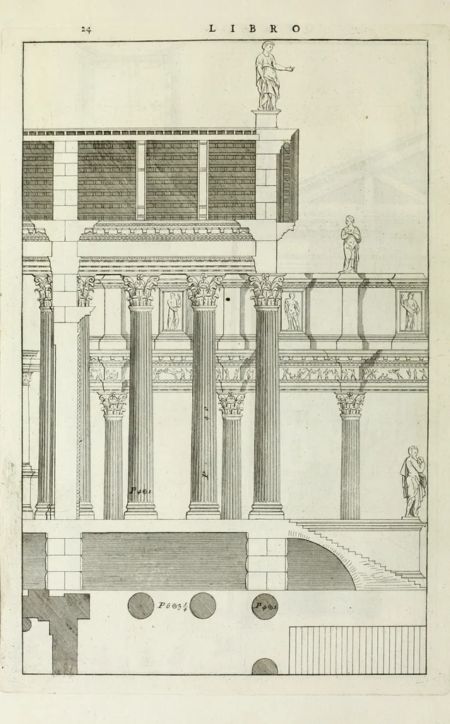 An illustration from I qvattro libri dell'architettvra di Andrea Palladio : ne' quali, dopo un breue trattato de' cinque ordini, & di quelli auertimenti, che sono piu necessarii nel fabricare; si tratta delle case private, delle vie, de i ponti, delle piazze, de i xisti, et de' tempij, 1771, leaf 223