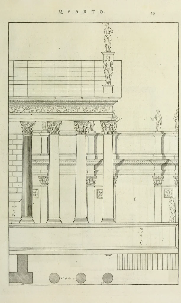 An illustration from I qvattro libri dell'architettvra di Andrea Palladio : ne' quali, dopo un breue trattato de' cinque ordini, & di quelli auertimenti, che sono piu necessarii nel fabricare; si tratta delle case private, delle vie, de i ponti, delle piazze, de i xisti, et de' tempij, 1771, leaf 228