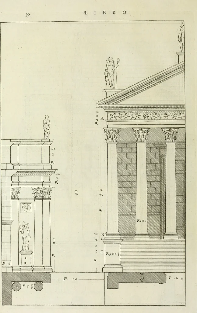 An illustration from I qvattro libri dell'architettvra di Andrea Palladio : ne' quali, dopo un breue trattato de' cinque ordini, & di quelli auertimenti, che sono piu necessarii nel fabricare; si tratta delle case private, delle vie, de i ponti, delle piazze, de i xisti, et de' tempij, 1771, leaf 229