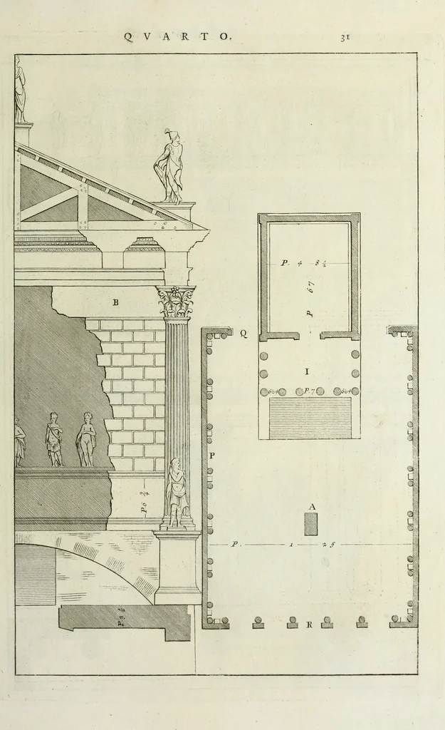 An illustration from I qvattro libri dell'architettvra di Andrea Palladio : ne' quali, dopo un breue trattato de' cinque ordini, & di quelli auertimenti, che sono piu necessarii nel fabricare; si tratta delle case private, delle vie, de i ponti, delle piazze, de i xisti, et de' tempij, 1771, leaf 230