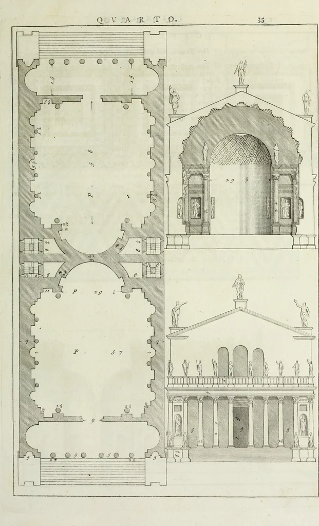An illustration from I qvattro libri dell'architettvra di Andrea Palladio : ne' quali, dopo un breue trattato de' cinque ordini, & di quelli auertimenti, che sono piu necessarii nel fabricare; si tratta delle case private, delle vie, de i ponti, delle piazze, de i xisti, et de' tempij, 1771, leaf 234