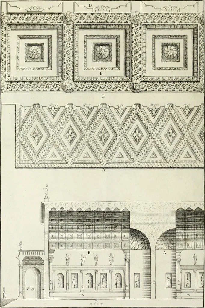An illustration from I qvattro libri dell'architettvra di Andrea Palladio : ne' quali, dopo un breue trattato de' cinque ordini, & di quelli auertimenti, che sono piu necessarii nel fabricare; si tratta delle case private, delle vie, de i ponti, delle piazze, de i xisti, et de' tempij, 1771, leaf 235