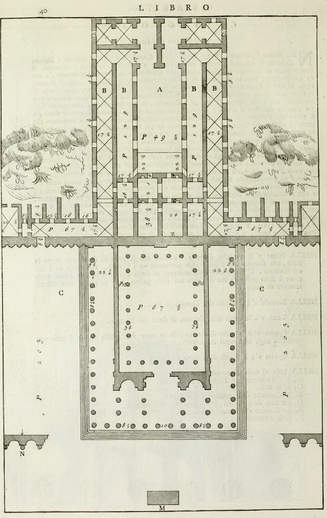 An illustration from I qvattro libri dell'architettvra di Andrea Palladio : ne' quali, dopo un breue trattato de' cinque ordini, & di quelli auertimenti, che sono piu necessarii nel fabricare; si tratta delle case private, delle vie, de i ponti, delle piazze, de i xisti, et de' tempij, 1771, leaf 239