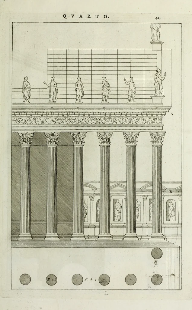 An illustration from I qvattro libri dell'architettvra di Andrea Palladio : ne' quali, dopo un breue trattato de' cinque ordini, & di quelli auertimenti, che sono piu necessarii nel fabricare; si tratta delle case private, delle vie, de i ponti, delle piazze, de i xisti, et de' tempij, 1771, leaf 240