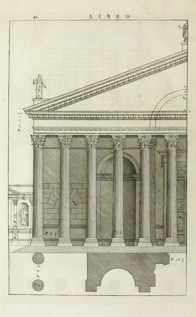 An illustration from I qvattro libri dell'architettvra di Andrea Palladio : ne' quali, dopo un breue trattato de' cinque ordini, & di quelli auertimenti, che sono piu necessarii nel fabricare; si tratta delle case private, delle vie, de i ponti, delle piazze, de i xisti, et de' tempij, 1771, leaf 241