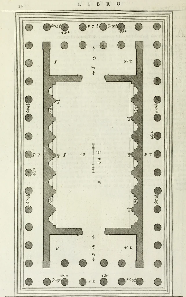 An illustration from I qvattro libri dell'architettvra di Andrea Palladio : ne' quali, dopo un breue trattato de' cinque ordini, & di quelli auertimenti, che sono piu necessarii nel fabricare; si tratta delle case private, delle vie, de i ponti, delle piazze, de i xisti, et de' tempij, 1771, leaf 253