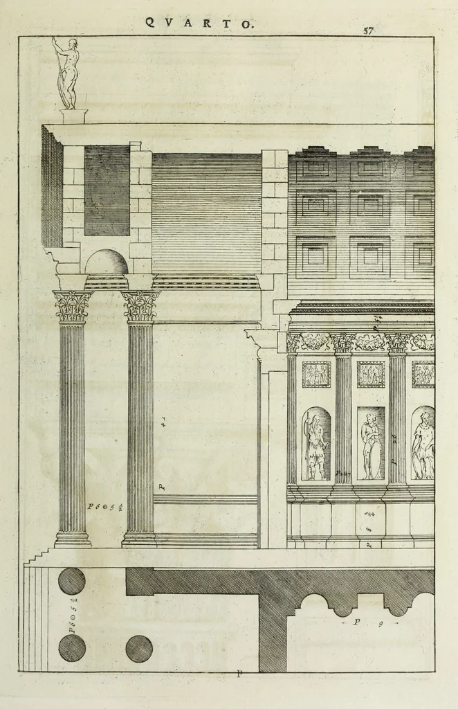 An illustration from I qvattro libri dell'architettvra di Andrea Palladio : ne' quali, dopo un breue trattato de' cinque ordini, & di quelli auertimenti, che sono piu necessarii nel fabricare; si tratta delle case private, delle vie, de i ponti, delle piazze, de i xisti, et de' tempij, 1771, leaf 256