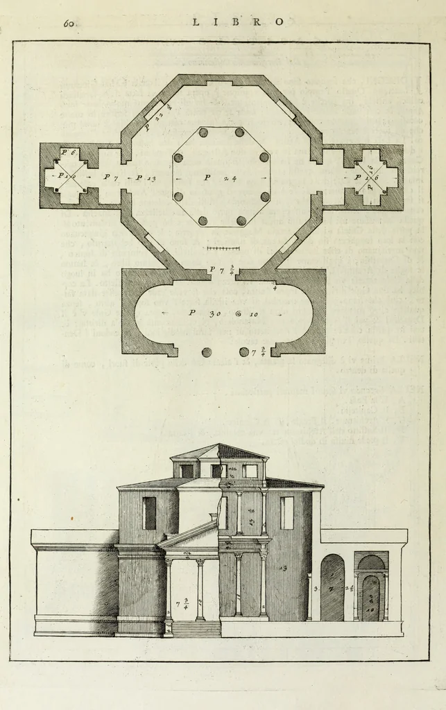 An illustration from I qvattro libri dell'architettvra di Andrea Palladio : ne' quali, dopo un breue trattato de' cinque ordini, & di quelli auertimenti, che sono piu necessarii nel fabricare; si tratta delle case private, delle vie, de i ponti, delle piazze, de i xisti, et de' tempij, 1771, leaf 259