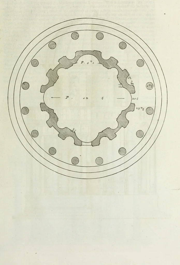 An illustration from I qvattro libri dell'architettvra di Andrea Palladio : ne' quali, dopo un breue trattato de' cinque ordini, & di quelli auertimenti, che sono piu necessarii nel fabricare; si tratta delle case private, delle vie, de i ponti, delle piazze, de i xisti, et de' tempij, 1771, leaf 262