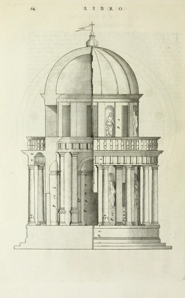 An illustration from I qvattro libri dell'architettvra di Andrea Palladio : ne' quali, dopo un breue trattato de' cinque ordini, & di quelli auertimenti, che sono piu necessarii nel fabricare; si tratta delle case private, delle vie, de i ponti, delle piazze, de i xisti, et de' tempij, 1771, leaf 263