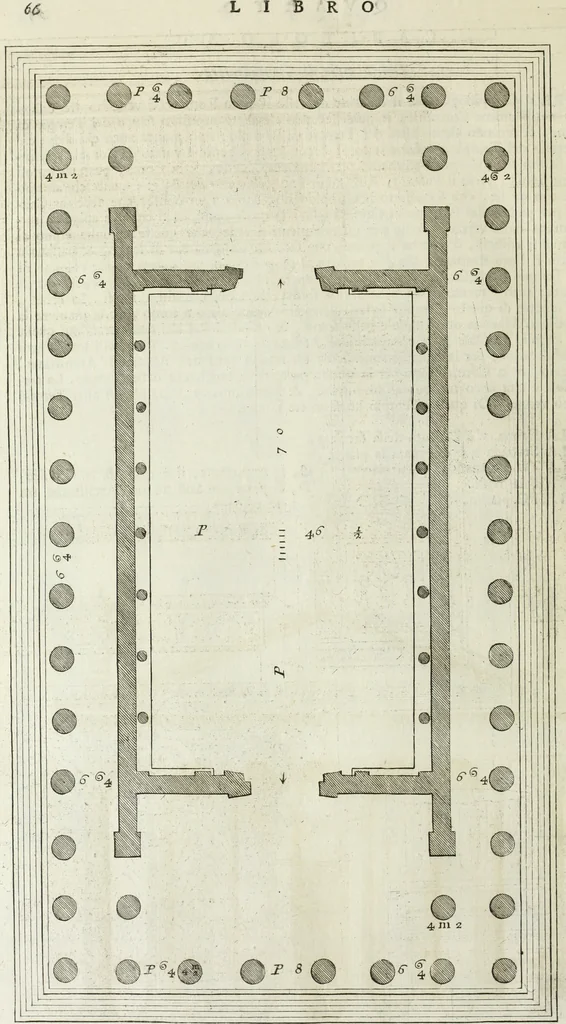 An illustration from I qvattro libri dell'architettvra di Andrea Palladio : ne' quali, dopo un breue trattato de' cinque ordini, & di quelli auertimenti, che sono piu necessarii nel fabricare; si tratta delle case private, delle vie, de i ponti, delle piazze, de i xisti, et de' tempij, 1771, leaf 265
