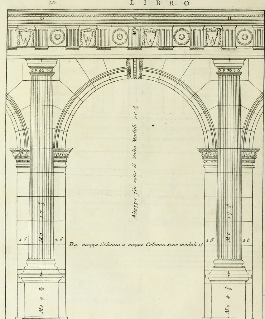 An illustration from I qvattro libri dell'architettvra di Andrea Palladio : ne' quali, dopo un breue trattato de' cinque ordini, & di quelli auertimenti, che sono piu necessarii nel fabricare; si tratta delle case private, delle vie, de i ponti, delle piazze, de i xisti, et de' tempij, 1771, leaf 27