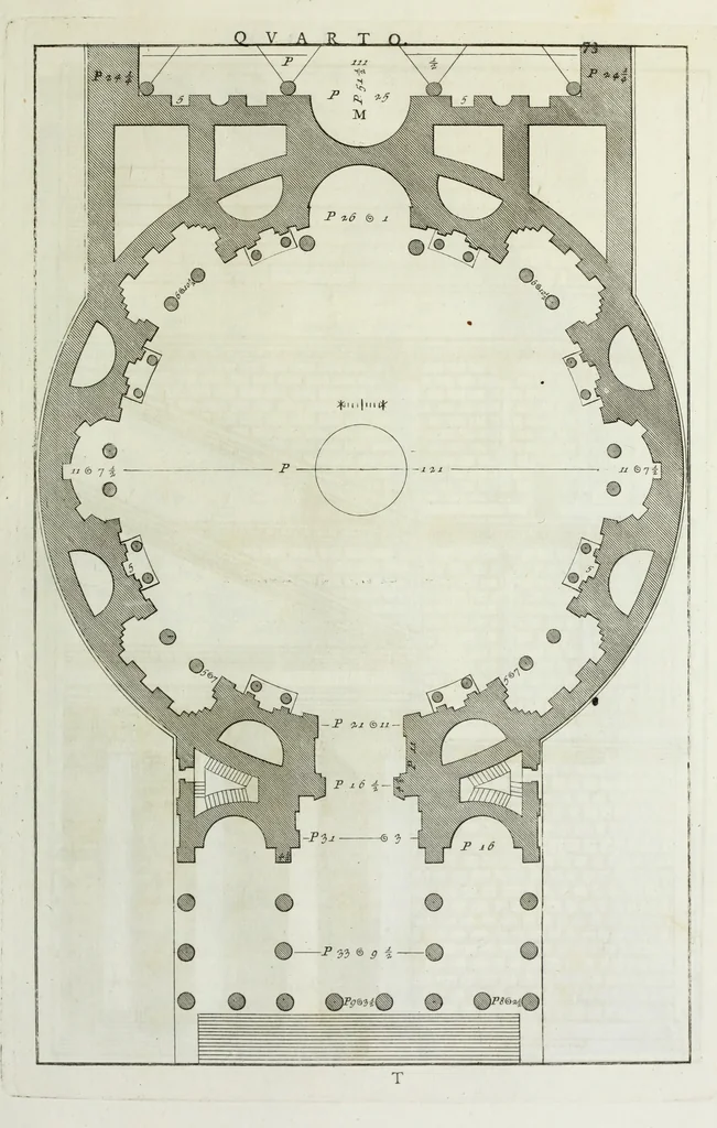 An illustration from I qvattro libri dell'architettvra di Andrea Palladio : ne' quali, dopo un breue trattato de' cinque ordini, & di quelli auertimenti, che sono piu necessarii nel fabricare; si tratta delle case private, delle vie, de i ponti, delle piazze, de i xisti, et de' tempij, 1771, leaf 272