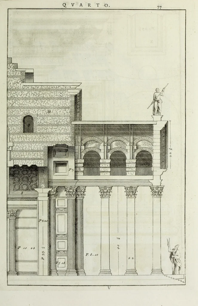 An illustration from I qvattro libri dell'architettvra di Andrea Palladio : ne' quali, dopo un breue trattato de' cinque ordini, & di quelli auertimenti, che sono piu necessarii nel fabricare; si tratta delle case private, delle vie, de i ponti, delle piazze, de i xisti, et de' tempij, 1771, leaf 276