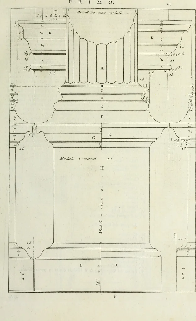 An illustration from I qvattro libri dell'architettvra di Andrea Palladio : ne' quali, dopo un breue trattato de' cinque ordini, & di quelli auertimenti, che sono piu necessarii nel fabricare; si tratta delle case private, delle vie, de i ponti, delle piazze, de i xisti, et de' tempij, 1771, leaf 28