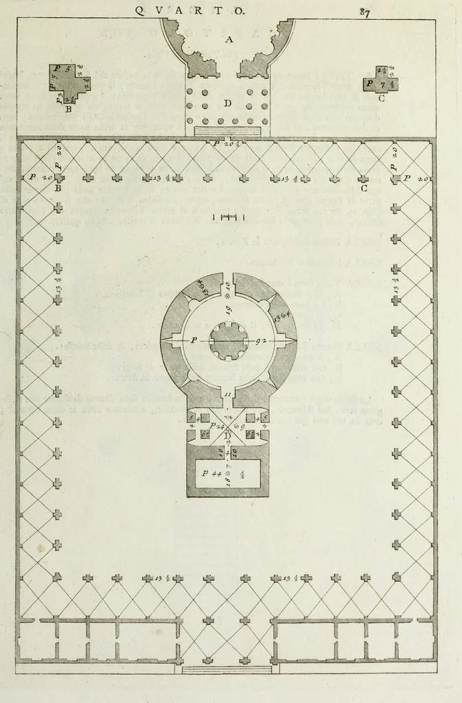 An illustration from I qvattro libri dell'architettvra di Andrea Palladio : ne' quali, dopo un breue trattato de' cinque ordini, & di quelli auertimenti, che sono piu necessarii nel fabricare; si tratta delle case private, delle vie, de i ponti, delle piazze, de i xisti, et de' tempij, 1771, leaf 286