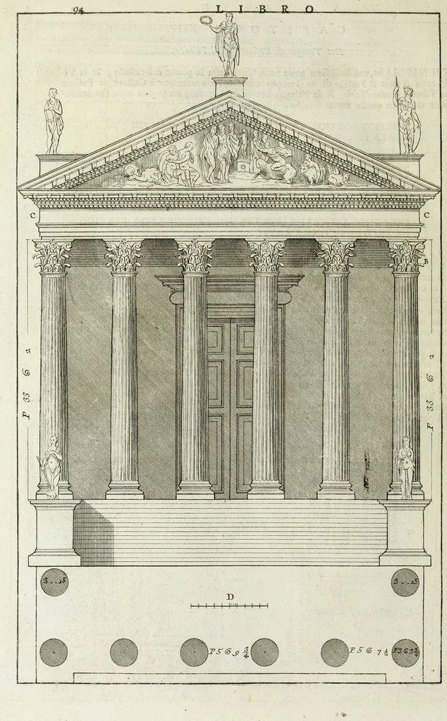 An illustration from I qvattro libri dell'architettvra di Andrea Palladio : ne' quali, dopo un breue trattato de' cinque ordini, & di quelli auertimenti, che sono piu necessarii nel fabricare; si tratta delle case private, delle vie, de i ponti, delle piazze, de i xisti, et de' tempij, 1771, leaf 293