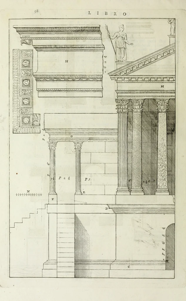 An illustration from I qvattro libri dell'architettvra di Andrea Palladio : ne' quali, dopo un breue trattato de' cinque ordini, & di quelli auertimenti, che sono piu necessarii nel fabricare; si tratta delle case private, delle vie, de i ponti, delle piazze, de i xisti, et de' tempij, 1771, leaf 297