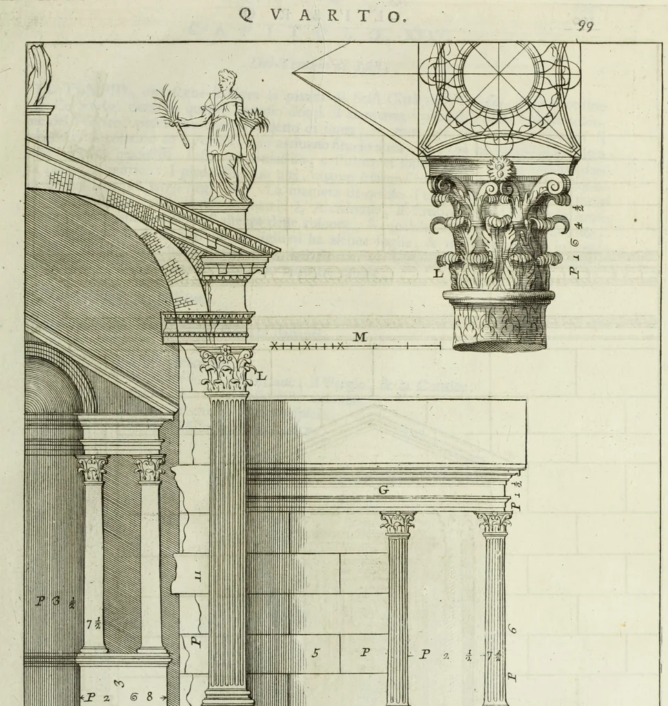 An illustration from I qvattro libri dell'architettvra di Andrea Palladio : ne' quali, dopo un breue trattato de' cinque ordini, & di quelli auertimenti, che sono piu necessarii nel fabricare; si tratta delle case private, delle vie, de i ponti, delle piazze, de i xisti, et de' tempij, 1771, leaf 298