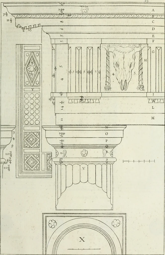 An illustration from I qvattro libri dell'architettvra di Andrea Palladio : ne' quali, dopo un breue trattato de' cinque ordini, & di quelli auertimenti, che sono piu necessarii nel fabricare; si tratta delle case private, delle vie, de i ponti, delle piazze, de i xisti, et de' tempij, 1771, leaf 30