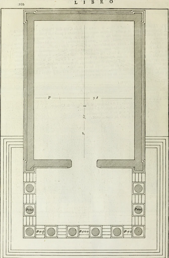An illustration from I qvattro libri dell'architettvra di Andrea Palladio : ne' quali, dopo un breue trattato de' cinque ordini, & di quelli auertimenti, che sono piu necessarii nel fabricare; si tratta delle case private, delle vie, de i ponti, delle piazze, de i xisti, et de' tempij, 1771, leaf 301