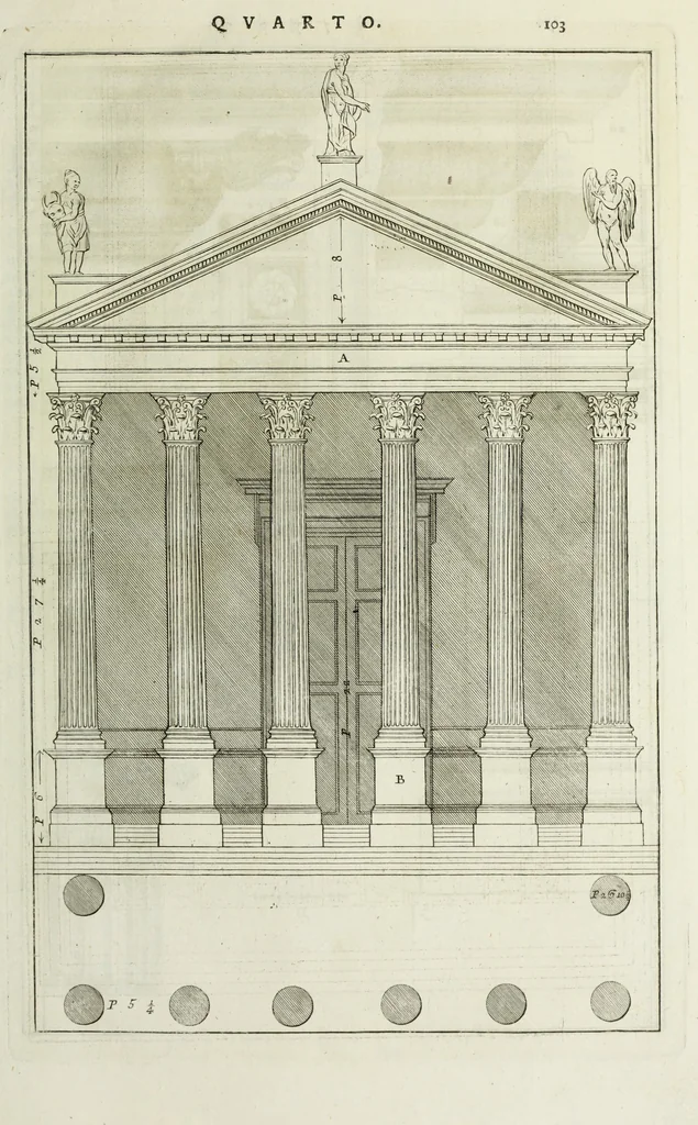 An illustration from I qvattro libri dell'architettvra di Andrea Palladio : ne' quali, dopo un breue trattato de' cinque ordini, & di quelli auertimenti, che sono piu necessarii nel fabricare; si tratta delle case private, delle vie, de i ponti, delle piazze, de i xisti, et de' tempij, 1771, leaf 302