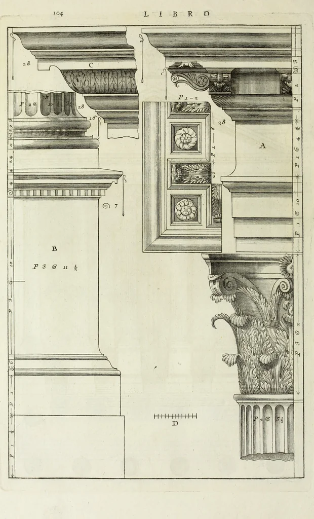 An illustration from I qvattro libri dell'architettvra di Andrea Palladio : ne' quali, dopo un breue trattato de' cinque ordini, & di quelli auertimenti, che sono piu necessarii nel fabricare; si tratta delle case private, delle vie, de i ponti, delle piazze, de i xisti, et de' tempij, 1771, leaf 303