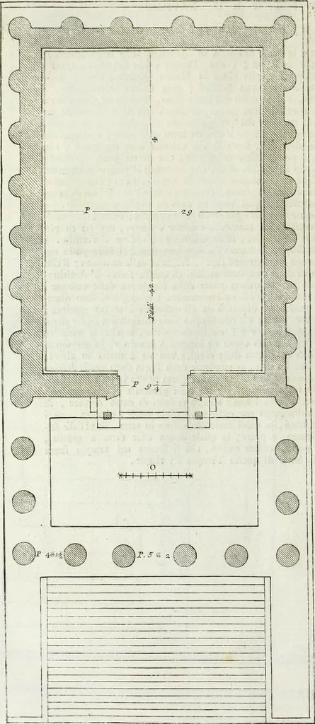 An illustration from I qvattro libri dell'architettvra di Andrea Palladio : ne' quali, dopo un breue trattato de' cinque ordini, & di quelli auertimenti, che sono piu necessarii nel fabricare; si tratta delle case private, delle vie, de i ponti, delle piazze, de i xisti, et de' tempij, 1771, leaf 309