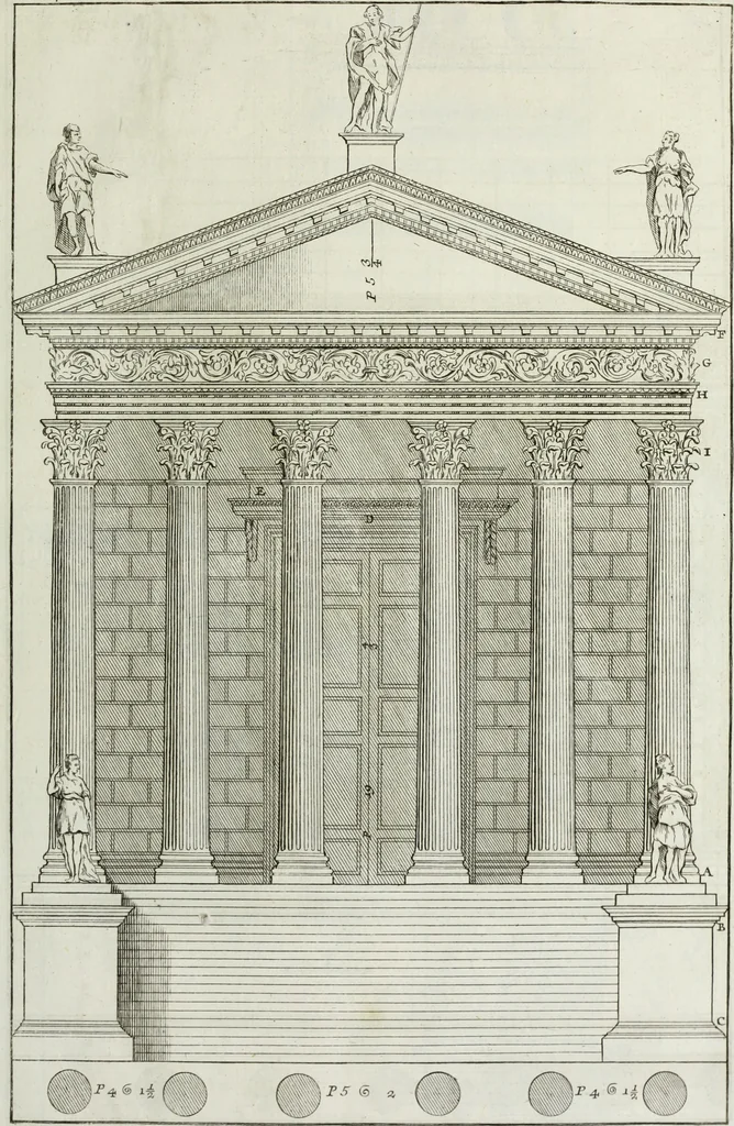 An illustration from I qvattro libri dell'architettvra di Andrea Palladio : ne' quali, dopo un breue trattato de' cinque ordini, & di quelli auertimenti, che sono piu necessarii nel fabricare; si tratta delle case private, delle vie, de i ponti, delle piazze, de i xisti, et de' tempij, 1771, leaf 310