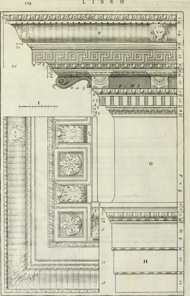 An illustration from I qvattro libri dell'architettvra di Andrea Palladio : ne' quali, dopo un breue trattato de' cinque ordini, & di quelli auertimenti, che sono piu necessarii nel fabricare; si tratta delle case private, delle vie, de i ponti, delle piazze, de i xisti, et de' tempij, 1771, leaf 313