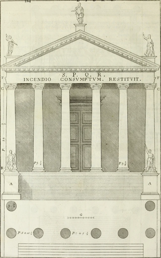 An illustration from I qvattro libri dell'architettvra di Andrea Palladio : ne' quali, dopo un breue trattato de' cinque ordini, & di quelli auertimenti, che sono piu necessarii nel fabricare; si tratta delle case private, delle vie, de i ponti, delle piazze, de i xisti, et de' tempij, 1771, leaf 323