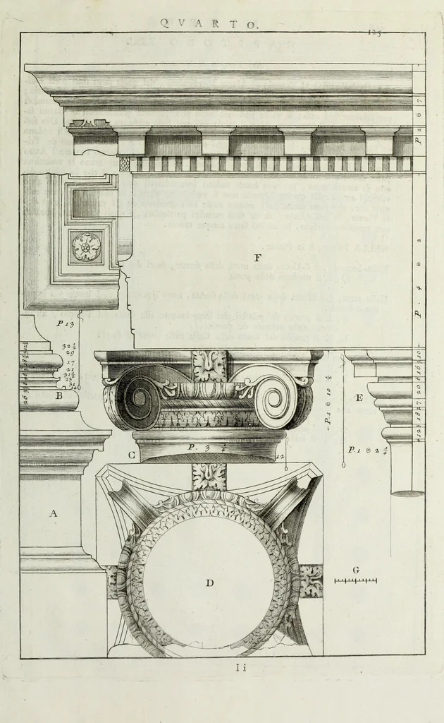 An illustration from I qvattro libri dell'architettvra di Andrea Palladio : ne' quali, dopo un breue trattato de' cinque ordini, & di quelli auertimenti, che sono piu necessarii nel fabricare; si tratta delle case private, delle vie, de i ponti, delle piazze, de i xisti, et de' tempij, 1771, leaf 324