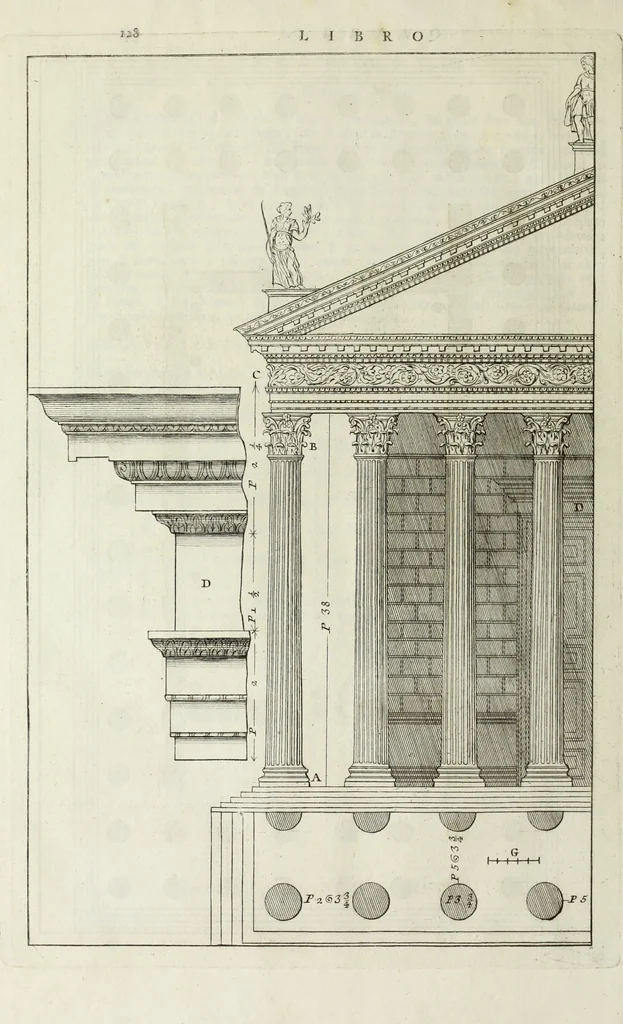 An illustration from I qvattro libri dell'architettvra di Andrea Palladio : ne' quali, dopo un breue trattato de' cinque ordini, & di quelli auertimenti, che sono piu necessarii nel fabricare; si tratta delle case private, delle vie, de i ponti, delle piazze, de i xisti, et de' tempij, 1771, leaf 327