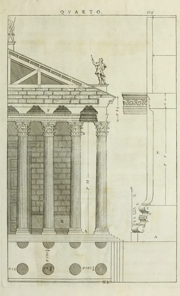 An illustration from I qvattro libri dell'architettvra di Andrea Palladio : ne' quali, dopo un breue trattato de' cinque ordini, & di quelli auertimenti, che sono piu necessarii nel fabricare; si tratta delle case private, delle vie, de i ponti, delle piazze, de i xisti, et de' tempij, 1771, leaf 328