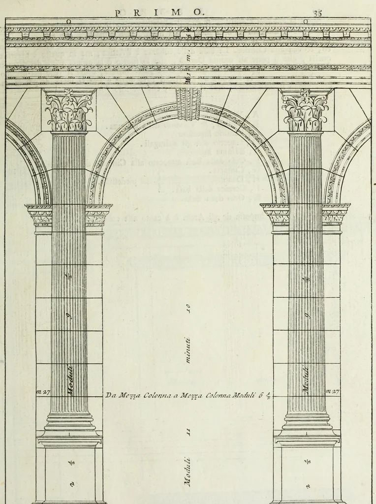 An illustration from I qvattro libri dell'architettvra di Andrea Palladio : ne' quali, dopo un breue trattato de' cinque ordini, & di quelli auertimenti, che sono piu necessarii nel fabricare; si tratta delle case private, delle vie, de i ponti, delle piazze, de i xisti, et de' tempij, 1771, leaf 42
