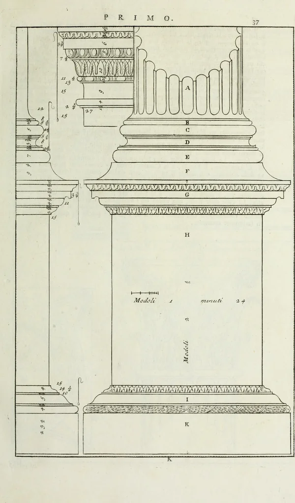 An illustration from I qvattro libri dell'architettvra di Andrea Palladio : ne' quali, dopo un breue trattato de' cinque ordini, & di quelli auertimenti, che sono piu necessarii nel fabricare; si tratta delle case private, delle vie, de i ponti, delle piazze, de i xisti, et de' tempij, 1771, leaf 44