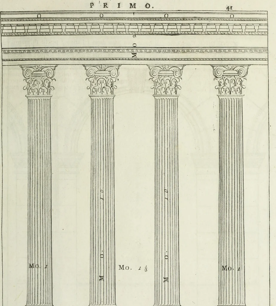 An illustration from I qvattro libri dell'architettvra di Andrea Palladio : ne' quali, dopo un breue trattato de' cinque ordini, & di quelli auertimenti, che sono piu necessarii nel fabricare; si tratta delle case private, delle vie, de i ponti, delle piazze, de i xisti, et de' tempij, 1771, leaf 48