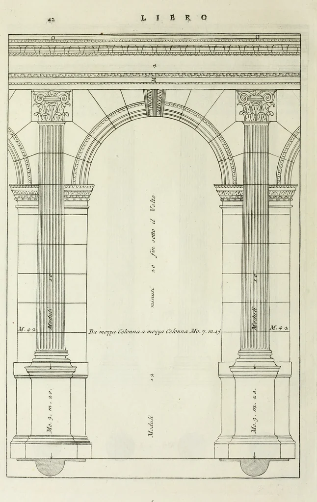An illustration from I qvattro libri dell'architettvra di Andrea Palladio : ne' quali, dopo un breue trattato de' cinque ordini, & di quelli auertimenti, che sono piu necessarii nel fabricare; si tratta delle case private, delle vie, de i ponti, delle piazze, de i xisti, et de' tempij, 1771, leaf 49