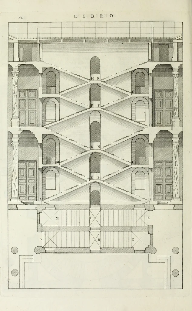 An illustration from I qvattro libri dell'architettvra di Andrea Palladio : ne' quali, dopo un breue trattato de' cinque ordini, & di quelli auertimenti, che sono piu necessarii nel fabricare; si tratta delle case private, delle vie, de i ponti, delle piazze, de i xisti, et de' tempij, 1771, leaf 69