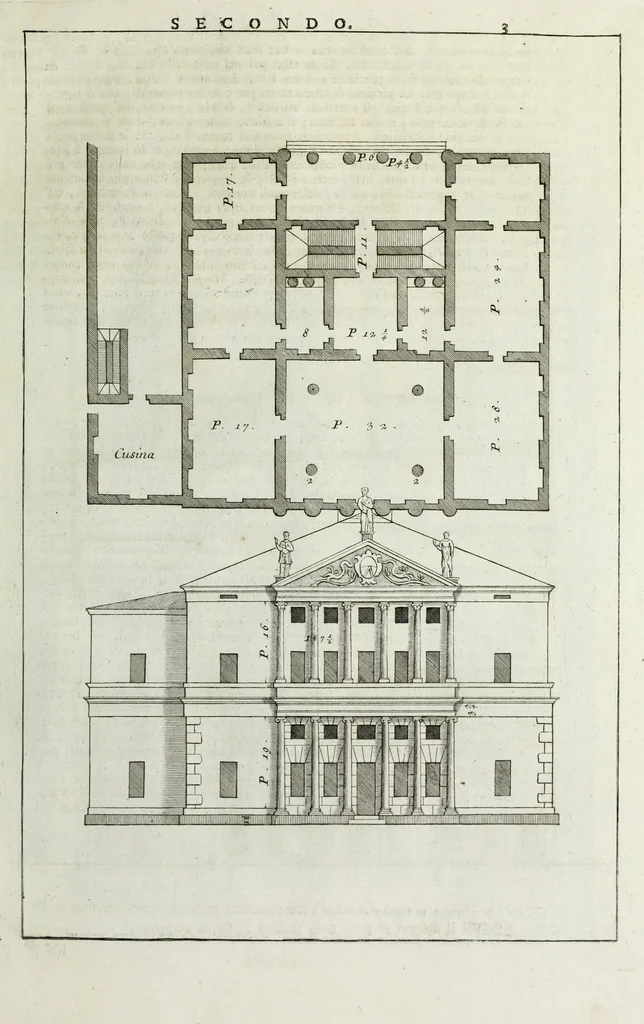 An illustration from I qvattro libri dell'architettvra di Andrea Palladio : ne' quali, dopo un breue trattato de' cinque ordini, & di quelli auertimenti, che sono piu necessarii nel fabricare; si tratta delle case private, delle vie, de i ponti, delle piazze, de i xisti, et de' tempij, 1771, leaf 76