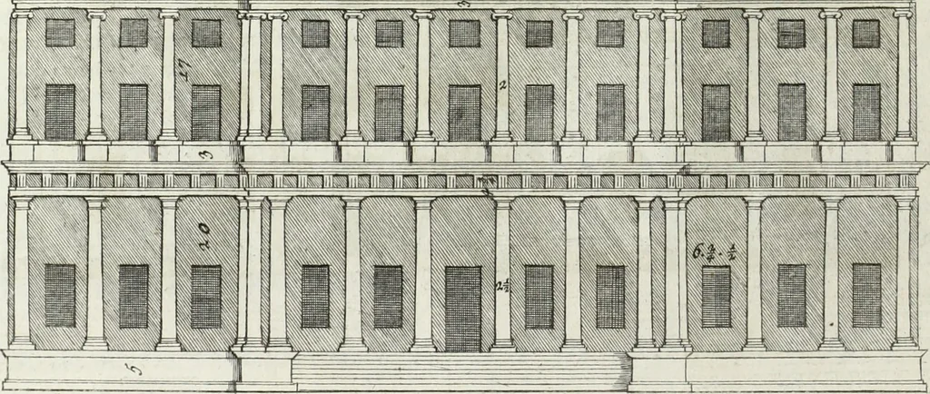 An illustration from I qvattro libri dell'architettvra di Andrea Palladio : ne' quali, dopo un breue trattato de' cinque ordini, & di quelli auertimenti, che sono piu necessarii nel fabricare; si tratta delle case private, delle vie, de i ponti, delle piazze, de i xisti, et de' tempij, 1771, leaf 77