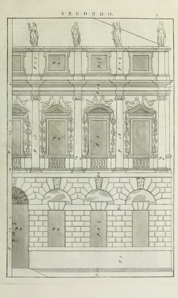 An illustration from I qvattro libri dell'architettvra di Andrea Palladio : ne' quali, dopo un breue trattato de' cinque ordini, & di quelli auertimenti, che sono piu necessarii nel fabricare; si tratta delle case private, delle vie, de i ponti, delle piazze, de i xisti, et de' tempij, 1771, leaf 80
