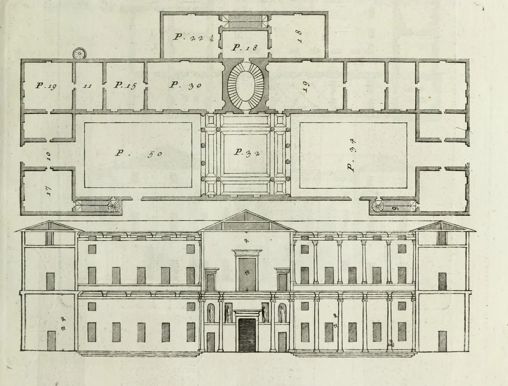 An illustration from I qvattro libri dell'architettvra di Andrea Palladio : ne' quali, dopo un breue trattato de' cinque ordini, & di quelli auertimenti, che sono piu necessarii nel fabricare; si tratta delle case private, delle vie, de i ponti, delle piazze, de i xisti, et de' tempij, 1771, leaf 82