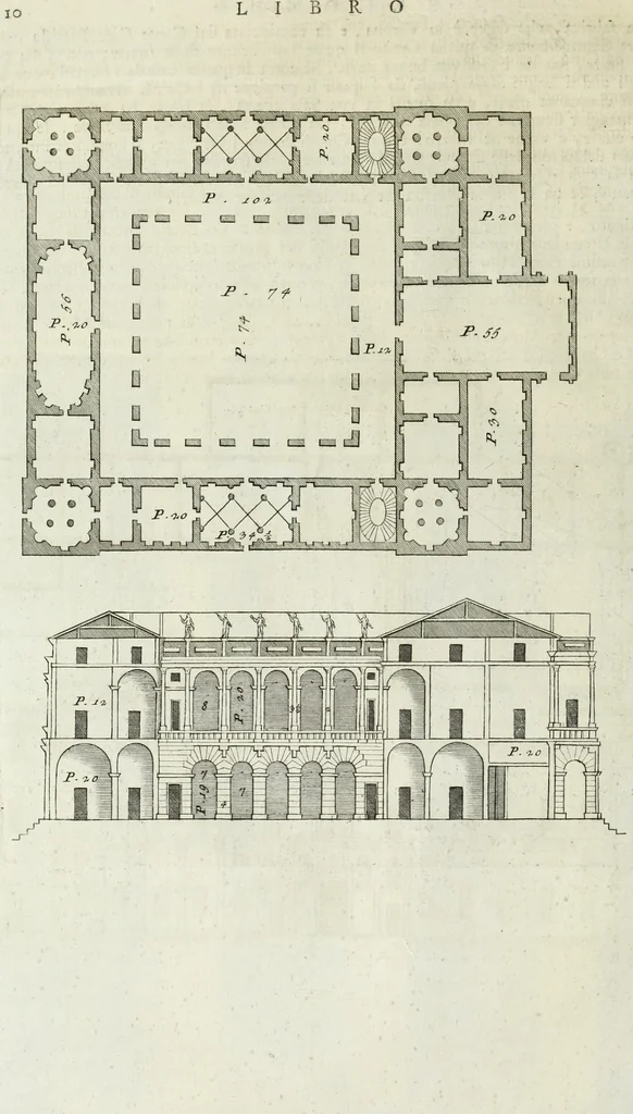 An illustration from I qvattro libri dell'architettvra di Andrea Palladio : ne' quali, dopo un breue trattato de' cinque ordini, & di quelli auertimenti, che sono piu necessarii nel fabricare; si tratta delle case private, delle vie, de i ponti, delle piazze, de i xisti, et de' tempij, 1771, leaf 83