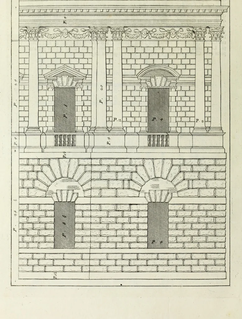 An illustration from I qvattro libri dell'architettvra di Andrea Palladio : ne' quali, dopo un breue trattato de' cinque ordini, & di quelli auertimenti, che sono piu necessarii nel fabricare; si tratta delle case private, delle vie, de i ponti, delle piazze, de i xisti, et de' tempij, 1771, leaf 85