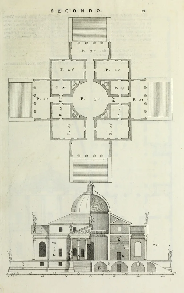 An illustration from I qvattro libri dell'architettvra di Andrea Palladio : ne' quali, dopo un breue trattato de' cinque ordini, & di quelli auertimenti, che sono piu necessarii nel fabricare; si tratta delle case private, delle vie, de i ponti, delle piazze, de i xisti, et de' tempij, 1771, leaf 90