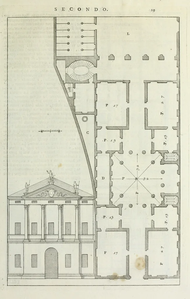 An illustration from I qvattro libri dell'architettvra di Andrea Palladio : ne' quali, dopo un breue trattato de' cinque ordini, & di quelli auertimenti, che sono piu necessarii nel fabricare; si tratta delle case private, delle vie, de i ponti, delle piazze, de i xisti, et de' tempij, 1771, leaf 92