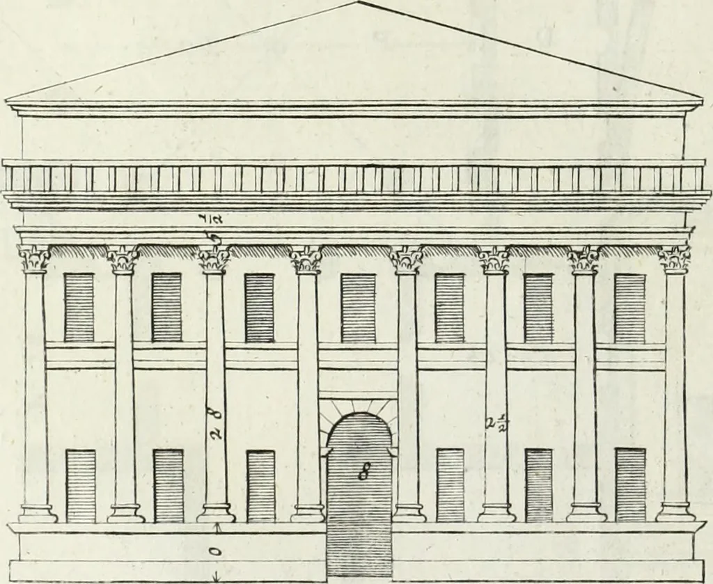 An illustration from I qvattro libri dell'architettvra di Andrea Palladio : ne' quali, dopo un breue trattato de' cinque ordini, & di quelli auertimenti, che sono piu necessarii nel fabricare; si tratta delle case private, delle vie, de i ponti, delle piazze, de i xisti, et de' tempij, 1771, leaf 93