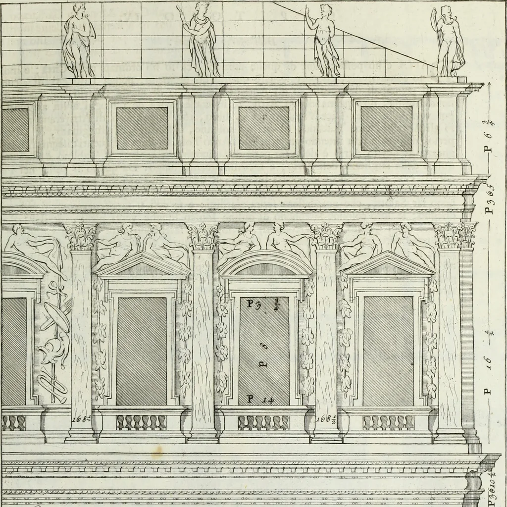 An illustration from I qvattro libri dell'architettvra di Andrea Palladio : ne' quali, dopo un breue trattato de' cinque ordini, & di quelli auertimenti, che sono piu necessarii nel fabricare; si tratta delle case private, delle vie, de i ponti, delle piazze, de i xisti, et de' tempij, 1771, leaf 94