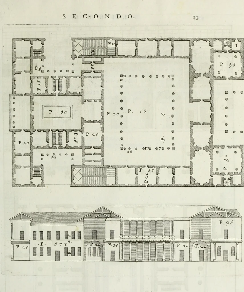 An illustration from I qvattro libri dell'architettvra di Andrea Palladio : ne' quali, dopo un breue trattato de' cinque ordini, & di quelli auertimenti, che sono piu necessarii nel fabricare; si tratta delle case private, delle vie, de i ponti, delle piazze, de i xisti, et de' tempij, 1771, leaf 96